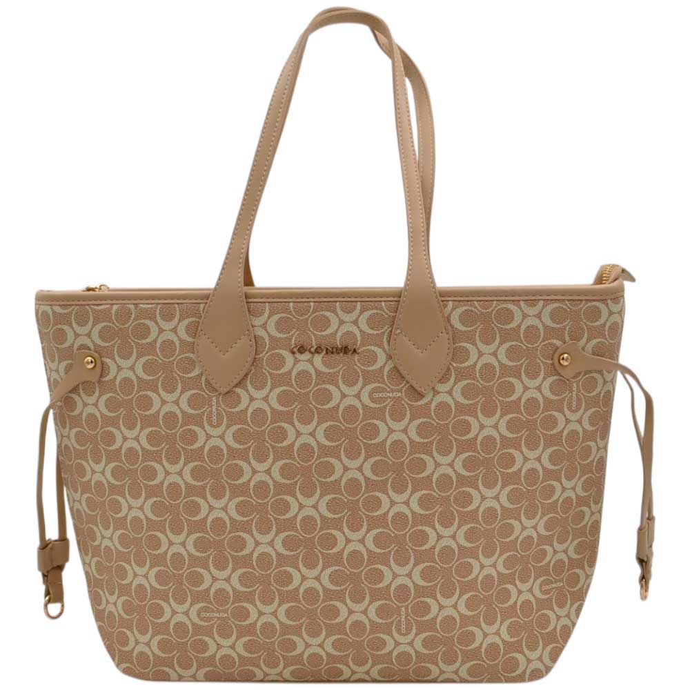 Borsa firmata Coconuda con manici fissi e lacci regolabili fantasia monogramma beige e bianca zip dorata