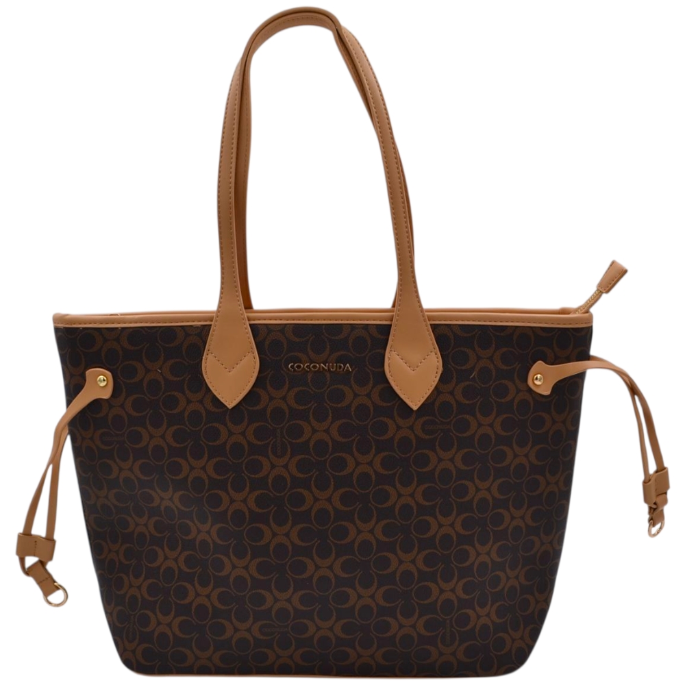 Borsa firmata coconuda con manici fissi e lacci regolabili fantasia monogramma marrone e cuoio zip dorata	.
