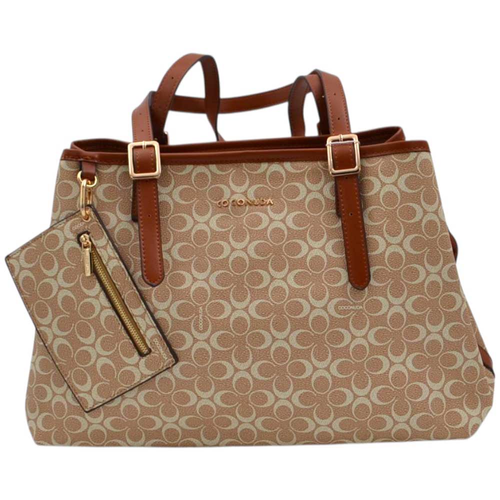 Borsa firmata Coconuda con manici regolabili tracolla e borsello fantasia monogramma beige e bianca zip dorata.