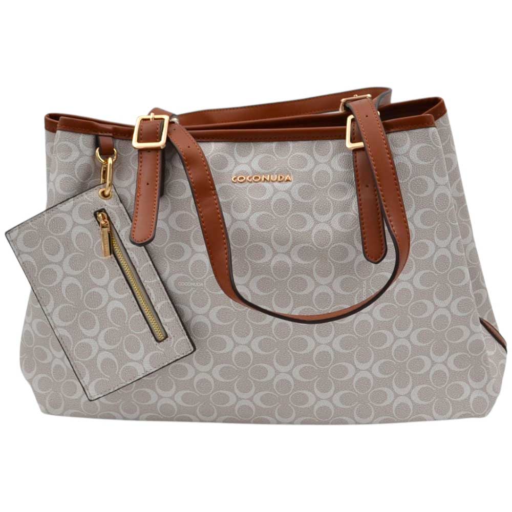 Borsa firmata Coconuda con manici regolabili tracolla e borsello fantasia monogramma beige e bianca zip dorata.