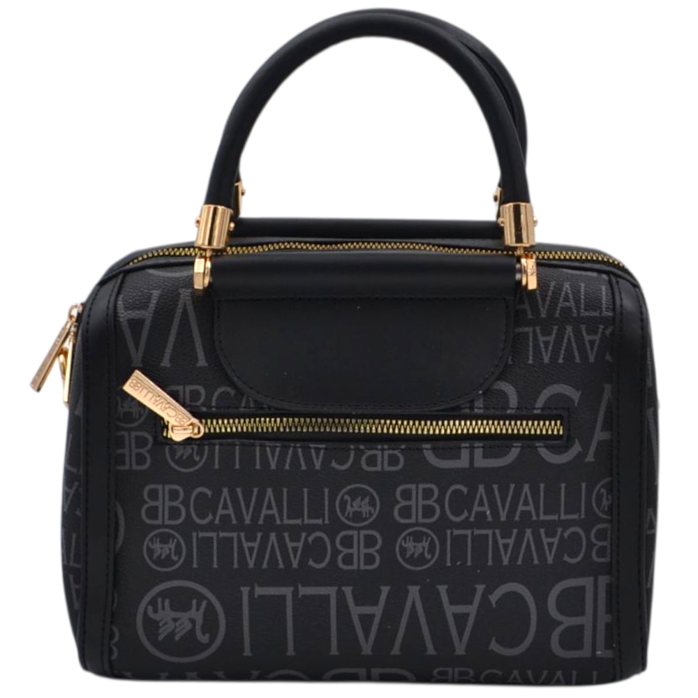 Borsa Donna a Mano Bauletto nero Logo Cavalli Materiale Sintetico Rigido Manici Strutturati Dettagli Oro.