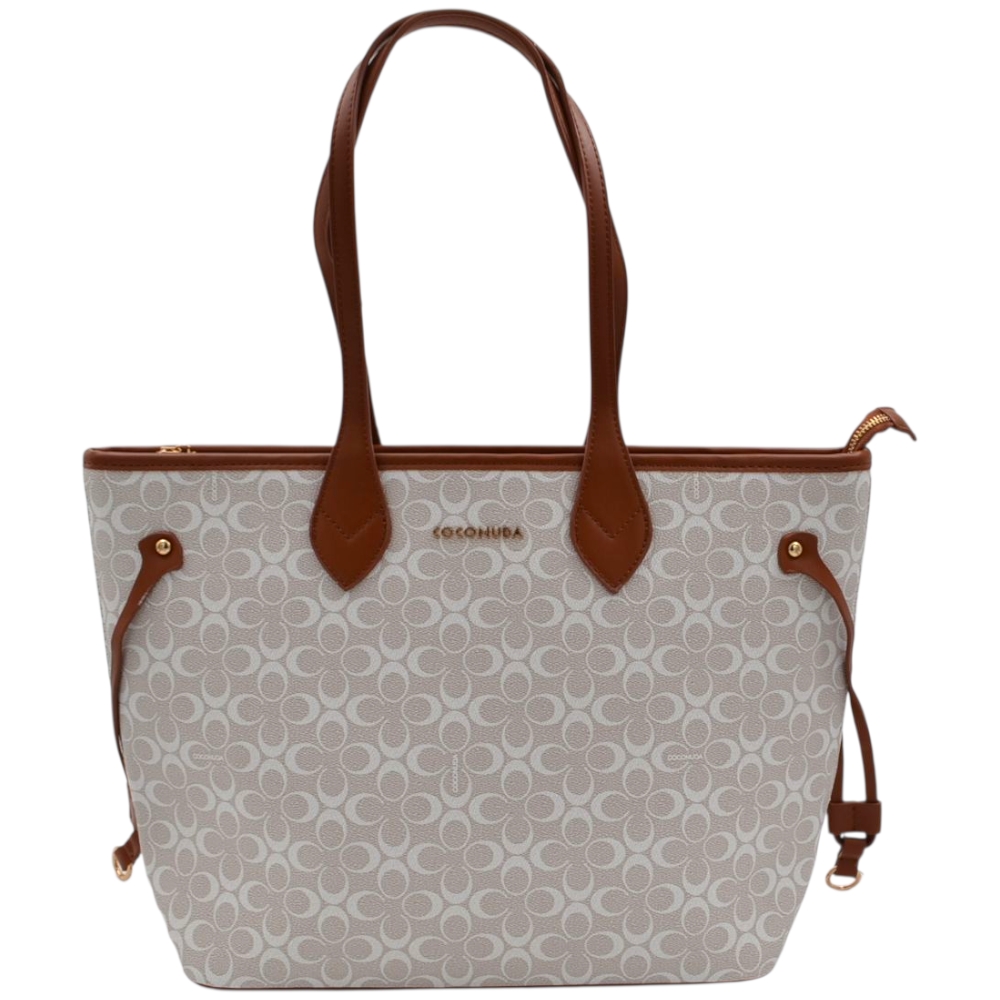 Borsa firmata Coconuda con manici fissi e lacci regolabili fantasia monogramma beige e cuoio zip dorata