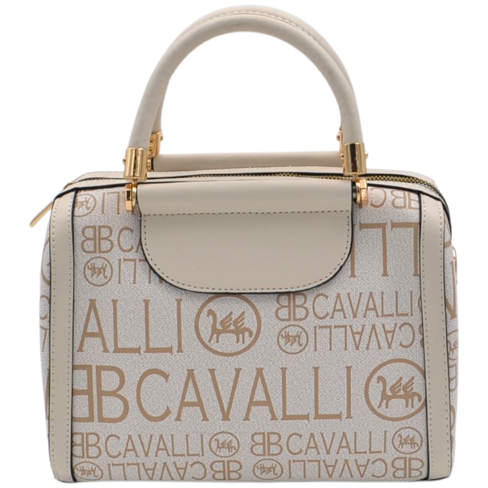 Borsa Donna a Mano Bauletto Beige Logo Cavalli Materiale Sintetico Rigido Manici Strutturati Dettagli Oro