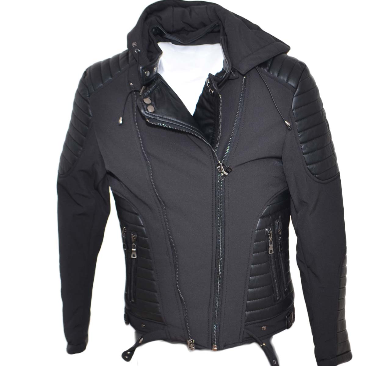 Giubbotto chiodo in elastene effetto pelle con imbottitura su spalle motociclista cappuccio smontabile doppia chiusura 