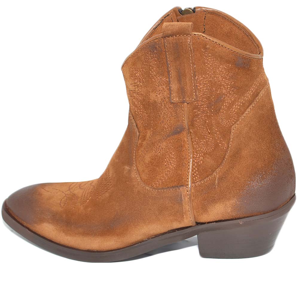 Camperos donna stivaletti texani ruggine cuoio interamente vera pelle rifiniti e spazzolati a mano fondo gomma zip