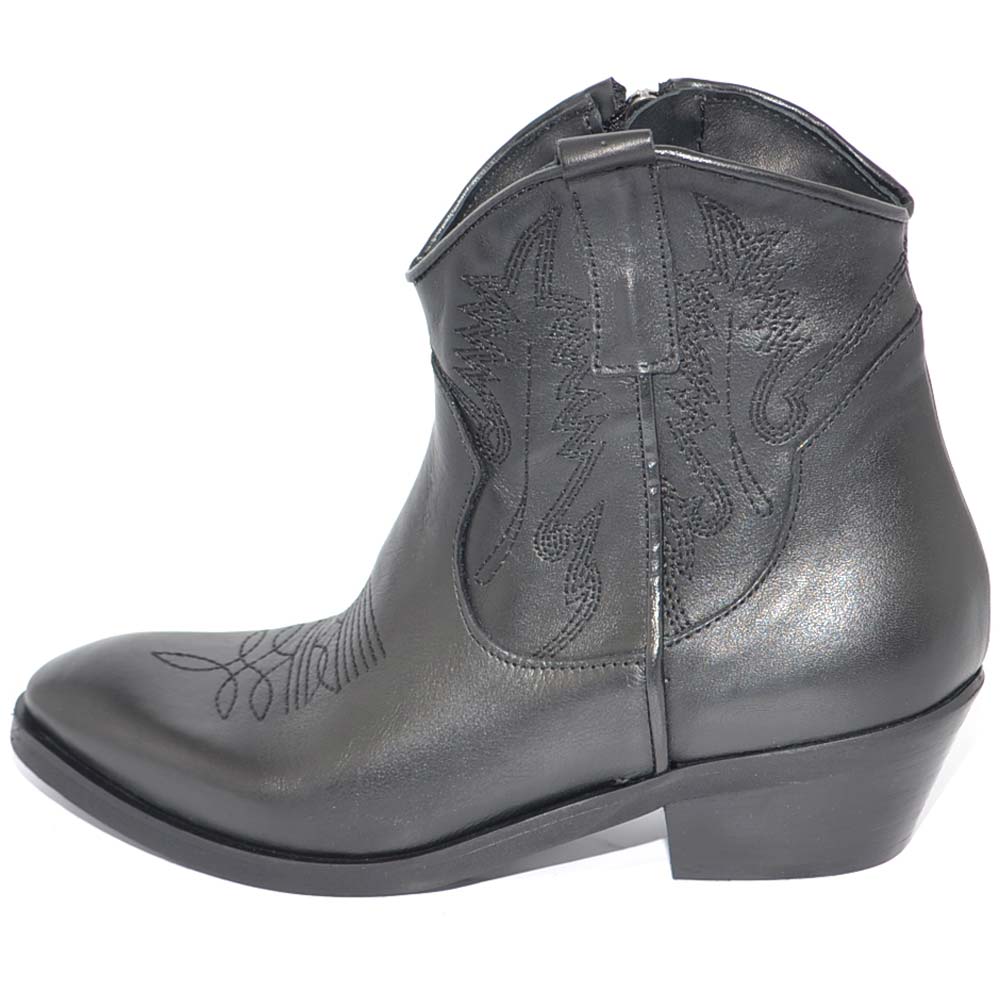 Camperos donna stivaletti texani neri interamente in vera pelle rifiniti a mano con zip e fondo gomma antiscivolo 