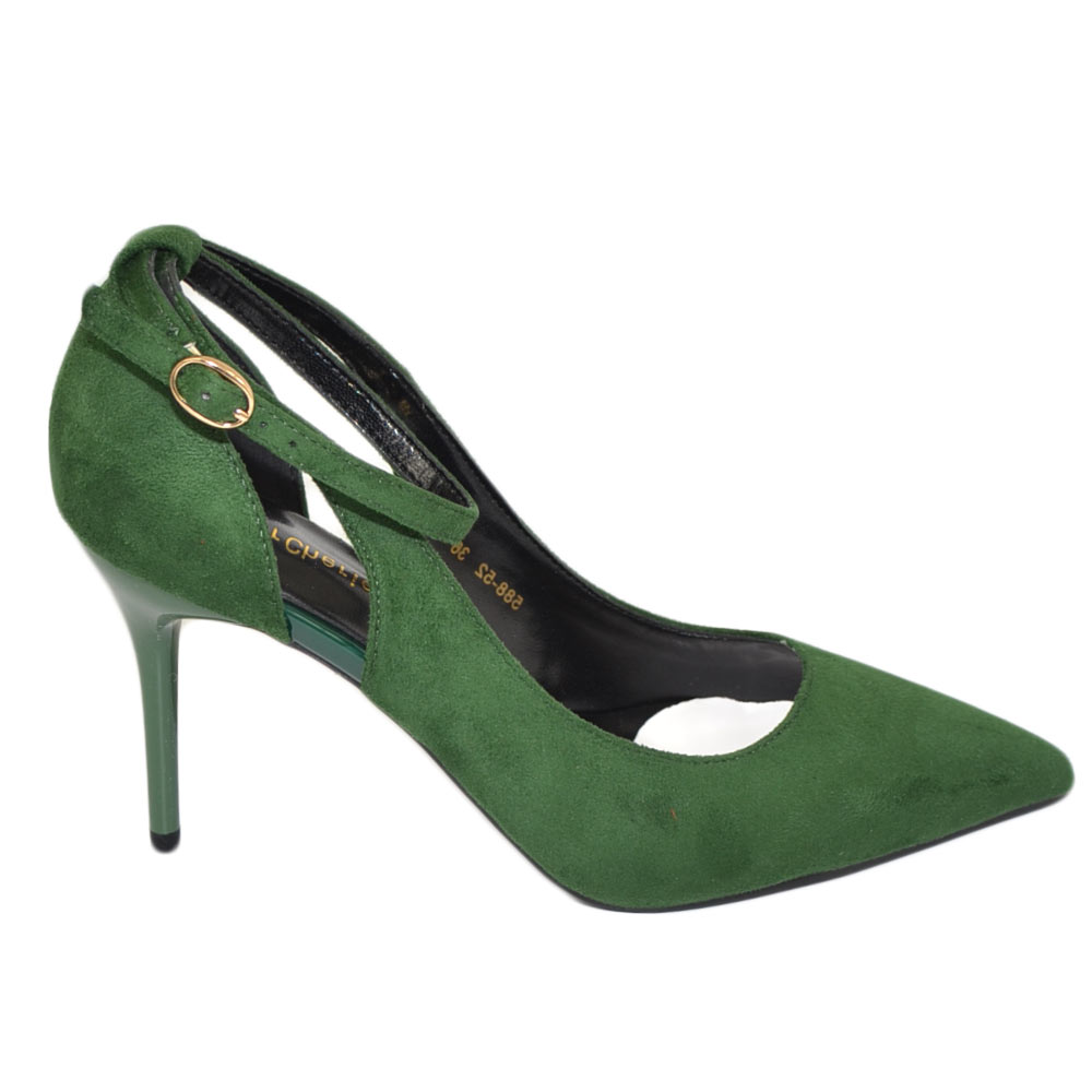 Scarpe donna decollete a punta elegante camoscio verde bosco tacco a spillo 10 cm aperture laterali moda cerimonia 