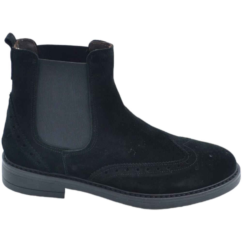 Beatles uomo stivale  a collo basso elastico laterale ricamo punta vera pelle camoscio nero fondo gomma made in italy 