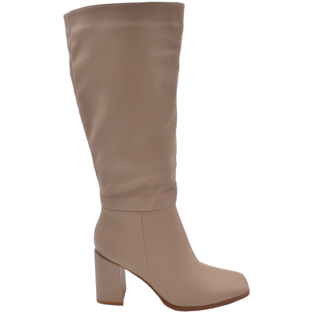 Stivali donna alti beige al ginocchio a punta quadrata aderenti con zip tacco doppio 8 cm moda evergreen