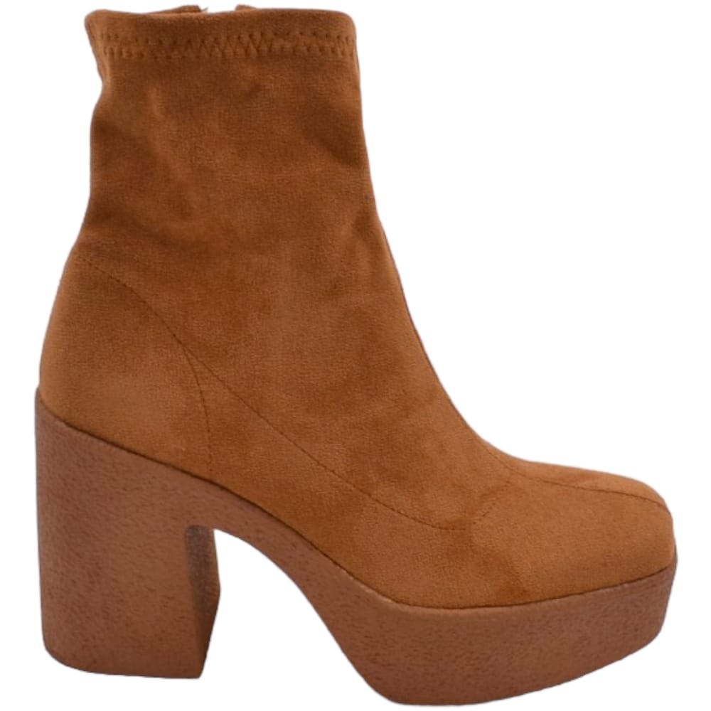 Tronchetto donna stivaletto camoscio cuoio punta quadrata tacco 8cm plateau zeppa 3cm zip alla caviglia effetto calzino 
