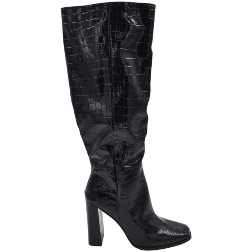 Stivali donna alti nero effetto animalier al ginocchio a punta quadrata aderenti zip tacco doppio 10cm moda evergreen