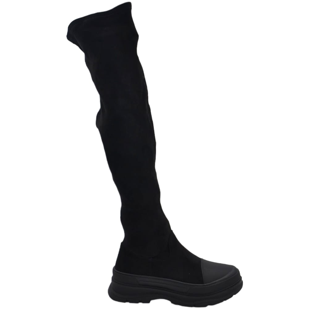 Stivali combat camoscio nero con zeppa carrarmato 3 cm alti al ginocchio punta in gomma gambale morbido aderente.