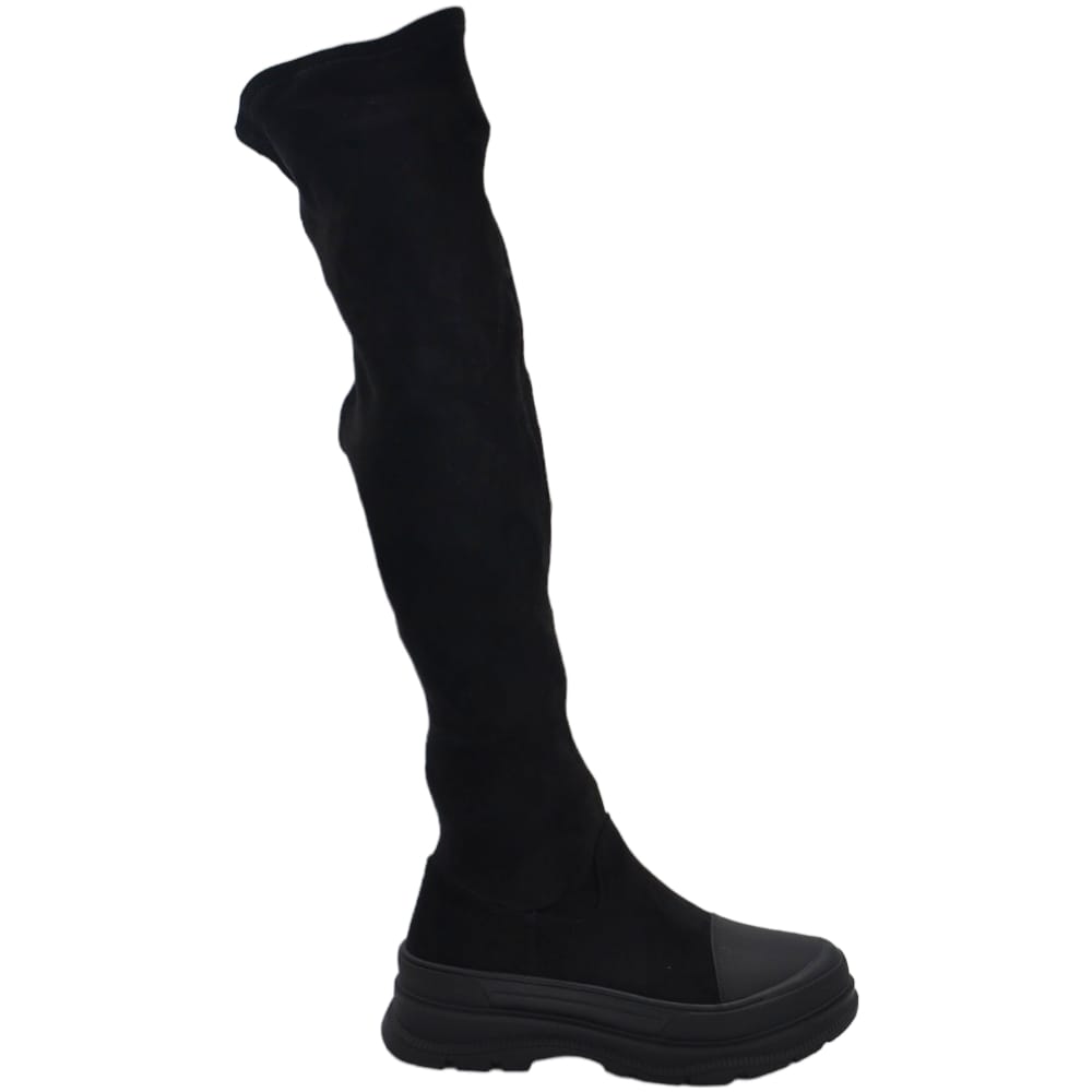 Stivali combat camoscio nero con zeppa carrarmato 3 cm alti al ginocchio punta in gomma gambale morbido aderente