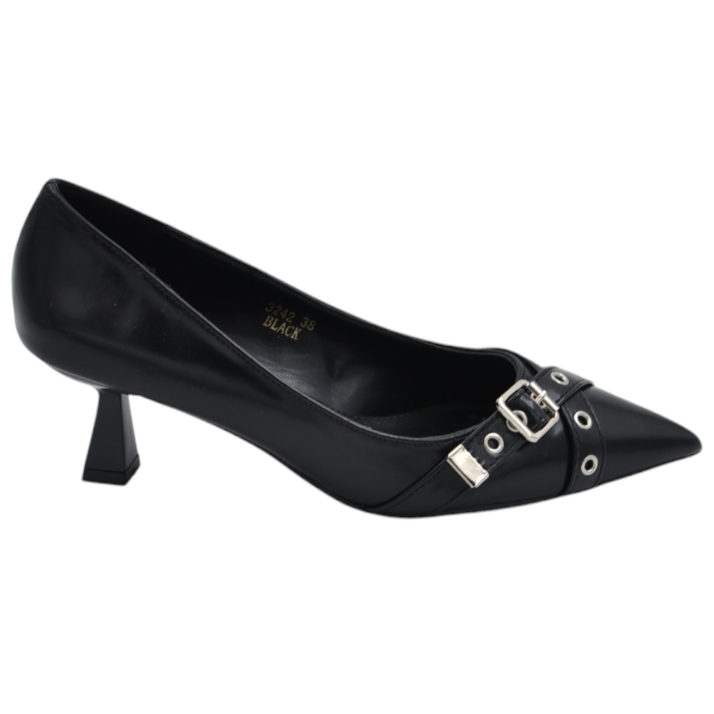 Decollete' donna in pelle matte nero con tacco clessidra 3 cm con cinturini e fibbie incrociati argento linea basic moda