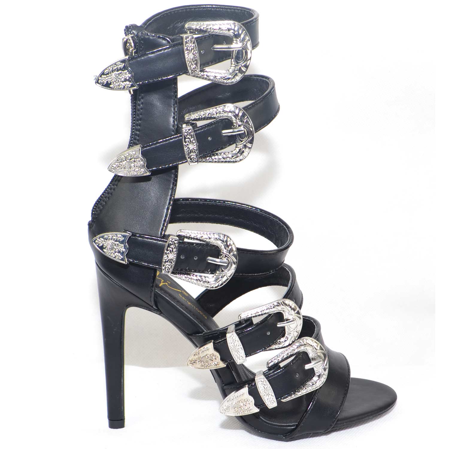sandali alla schiava tacco in pelle nero con fibbie tacco a spillo moda  glamour donna sandali tacco Sergio Todzi | MaluShoes