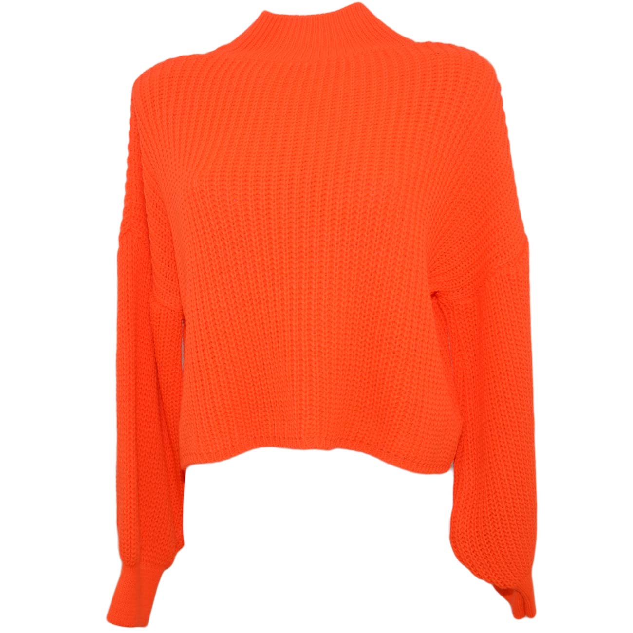 MAGLIONCINO DOLCEVITA MIDI DONNA ARANCIONE FLUO A MEZZO COLLO MANICHE A SBUFFO TESSITURA LARGA COLOURFULL TENDENZA MODA