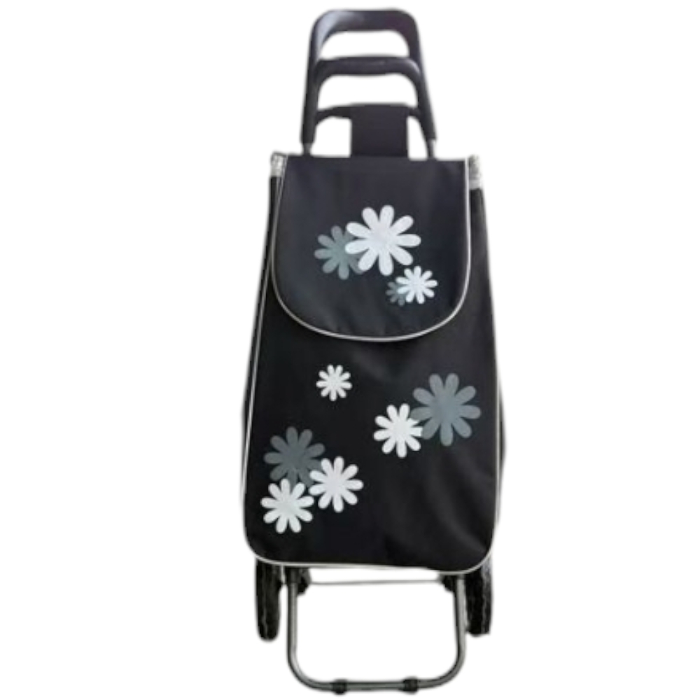 Carrello per la spesa con Tre Ruote Girevoli Saliscale Trolley Portaspesa con chiusura a strappo e laccio nero con fiori.