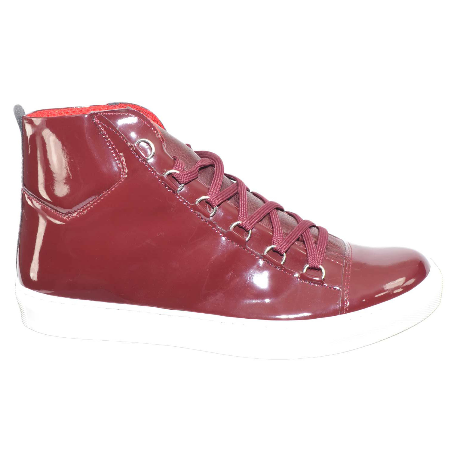 Sneakers alta scarpe bale uomo sportivo made in italy vera pelle lucido bordeaux moda.