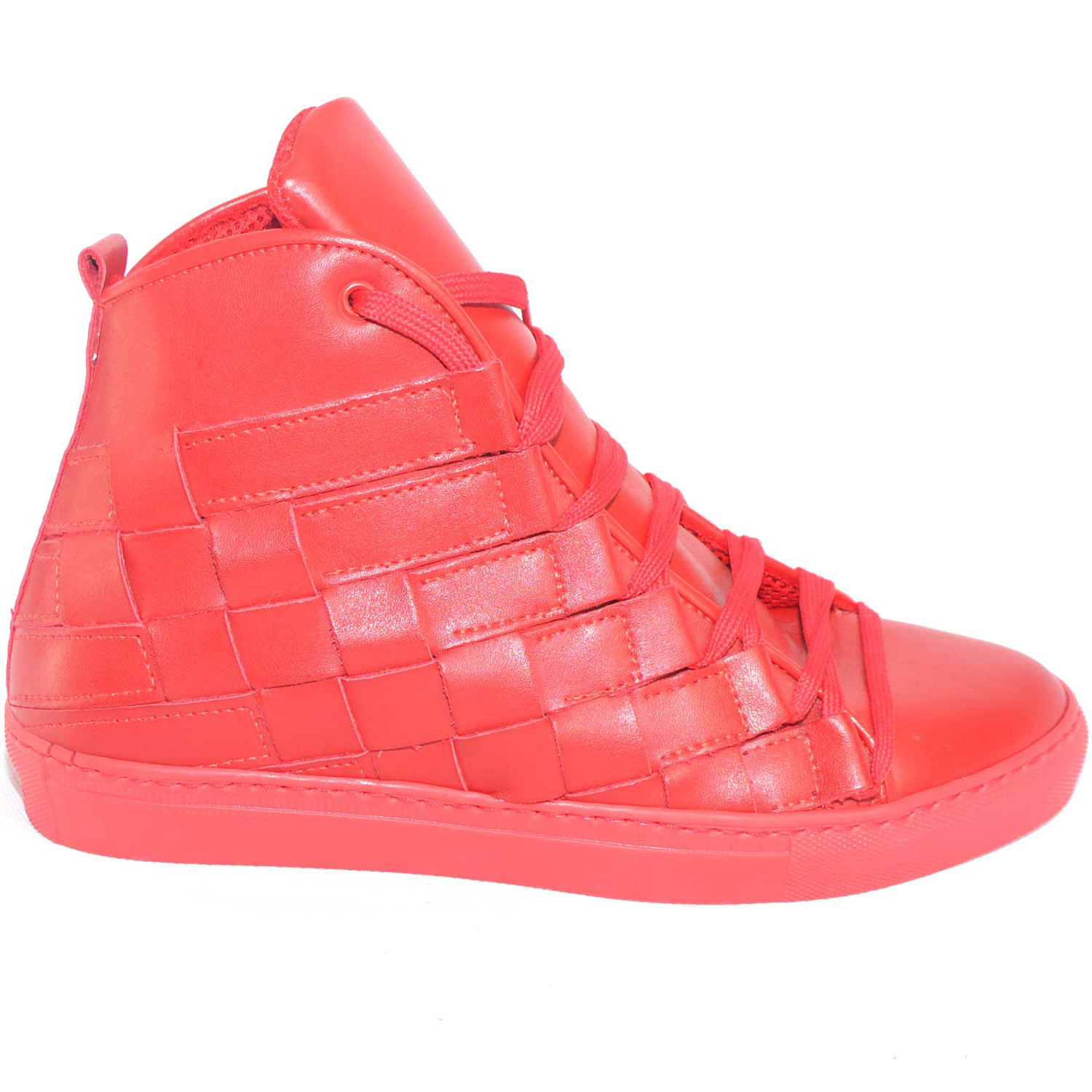Sneakers alta scarpe uomo rosso made in italy intreccio grande a mano vera pelle top