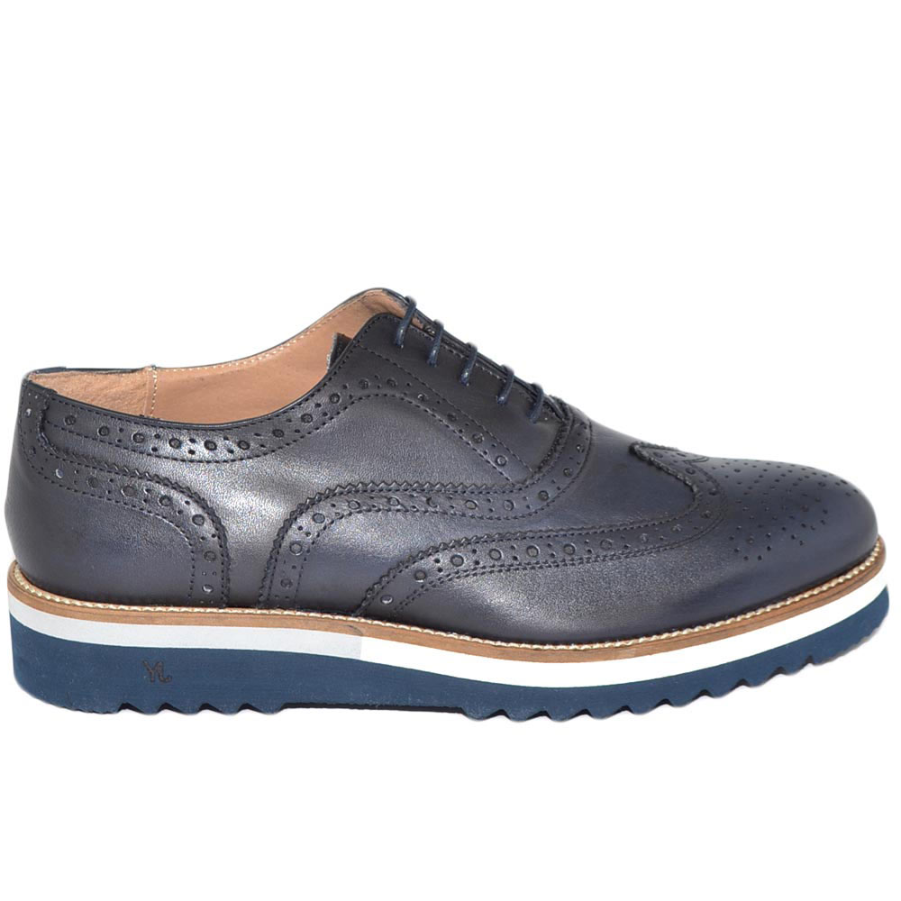 Scarpa stringata francesina uomo inglese blu vera pelle nappa fondo gomma light alto bicolore handmade in italy business