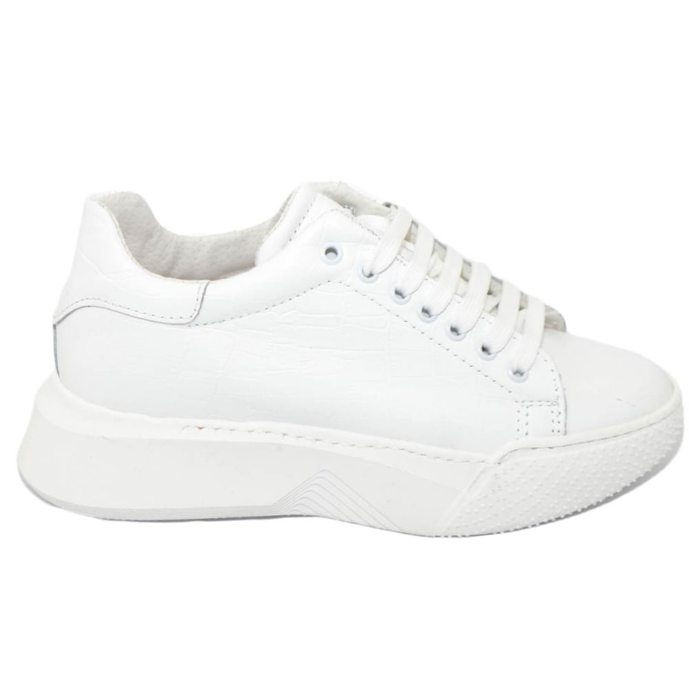 Sneakers uomo bianca in vera pelle bianco anaconda cocco fondo alto asimmetrico gels moda street made in italy ragazzo.
