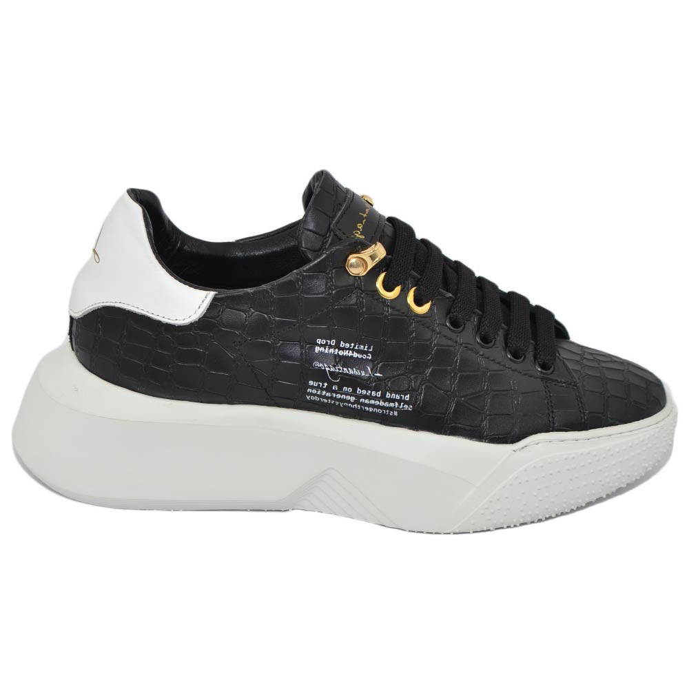 Sneakers bassa uomo ls luisantiago in vera pelle pitonata nero cocco fondo alto bianco onda handmade italy