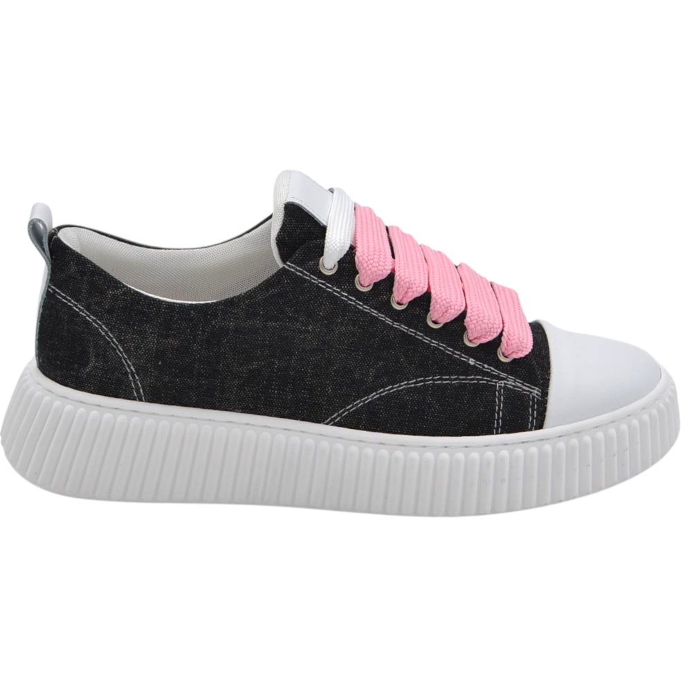 Sneakers uomo tela nero denim lacci rosa e bianchi fondo in gomma antiscivolo alto 4,5 cm punta rinforzata scarpe casual