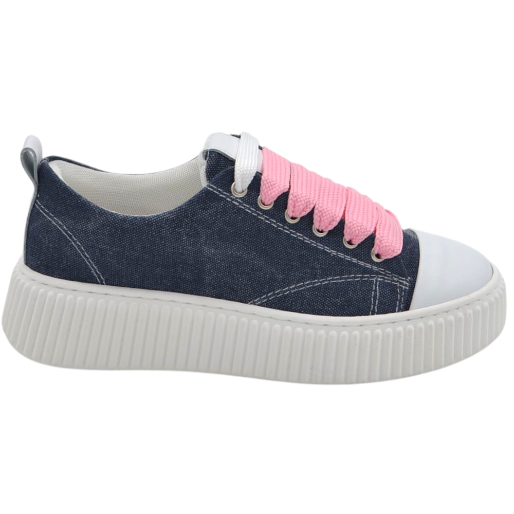 Sneakers uomo tela blu denim lacci rosa e bianchi fondo in gomma antiscivolo alto 4,5 cm punta rinforzata scarpe casual