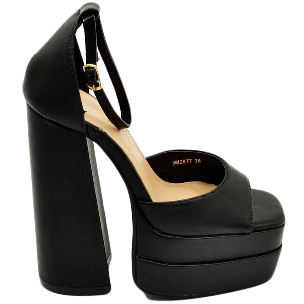 SANDALO DONNA TACCO IN PELLE NERO TACCO DOPPIO 15 CM PLATEAU 6 CM CINTURINO ALLA CAVIGLIA OPEN TOE MODA.