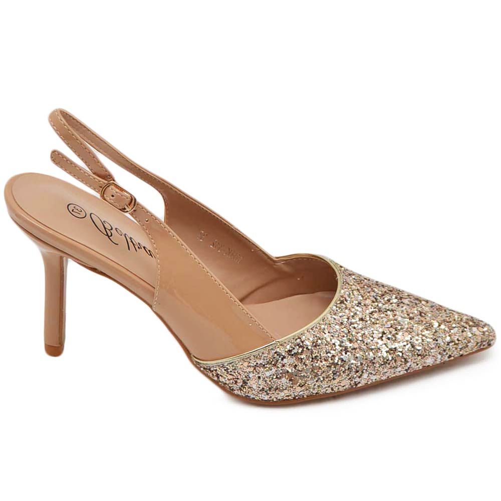 Scarpe decollete slingback donna elegante punta glitter vernice lucida oro tacco 12 cm cerimonia cinturino retro.