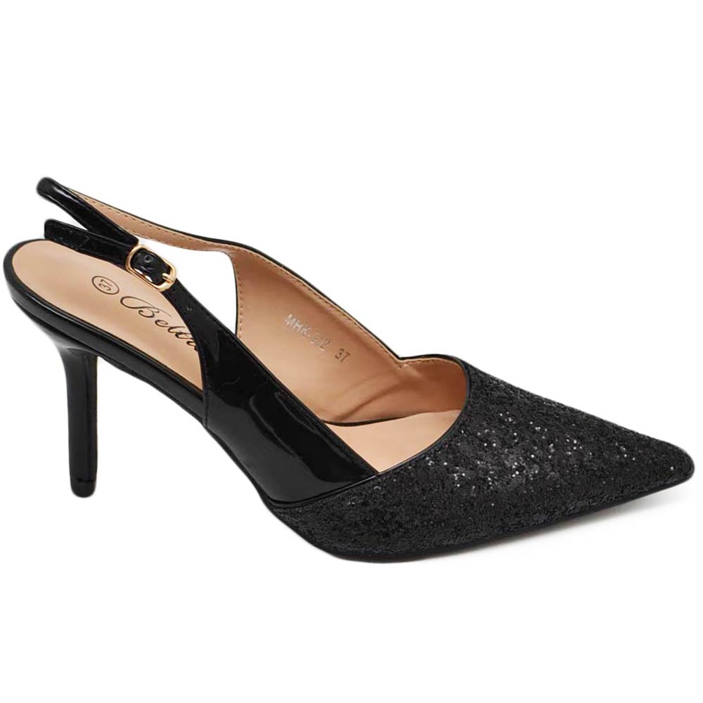 Scarpe decollete slingback donna elegante punta glitter vernice lucida nero tacco 12 cm cerimonia cinturino retro.