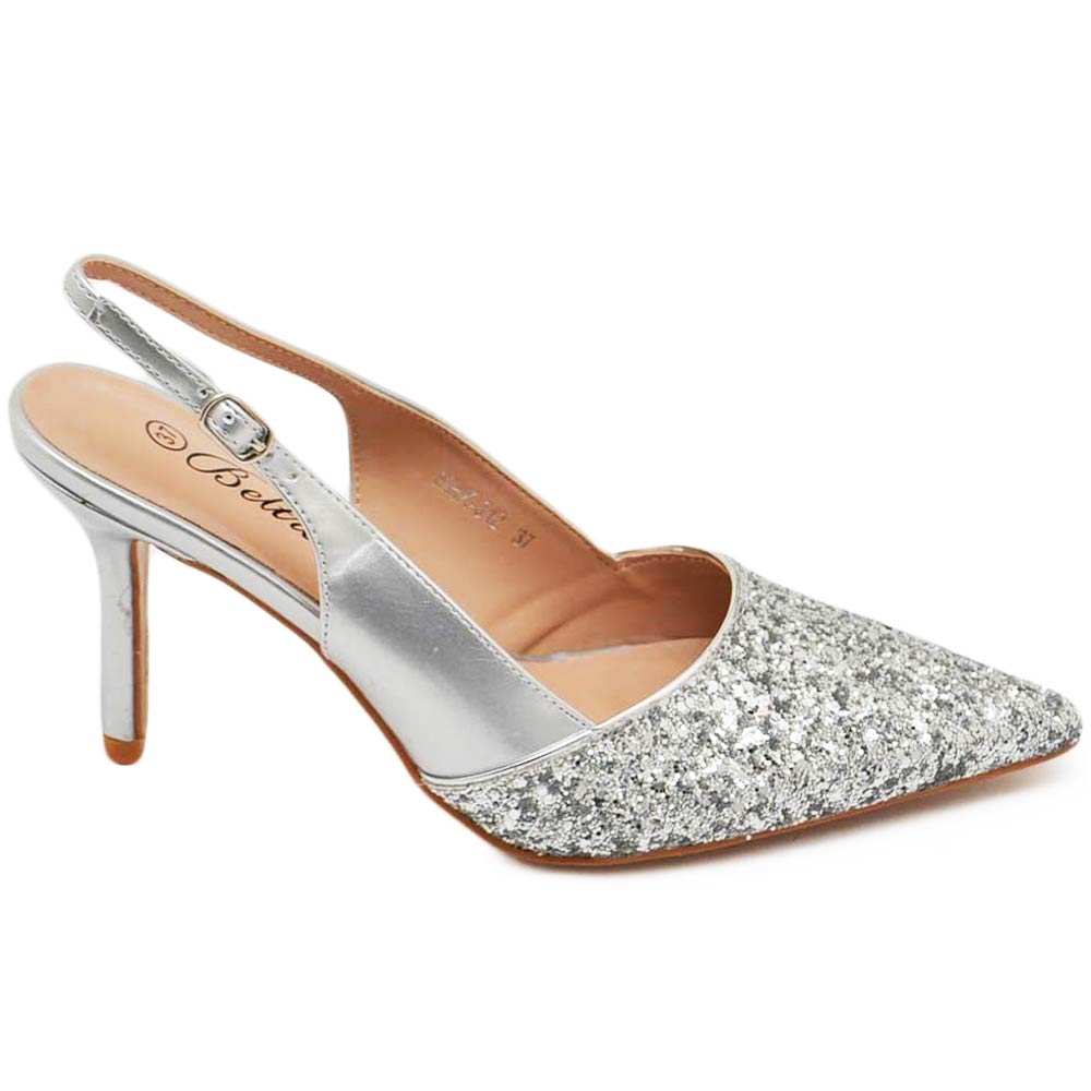 Scarpe decollete slingback donna elegante punta glitter vernice lucida argento tacco 12 cm cerimonia cinturino retro.