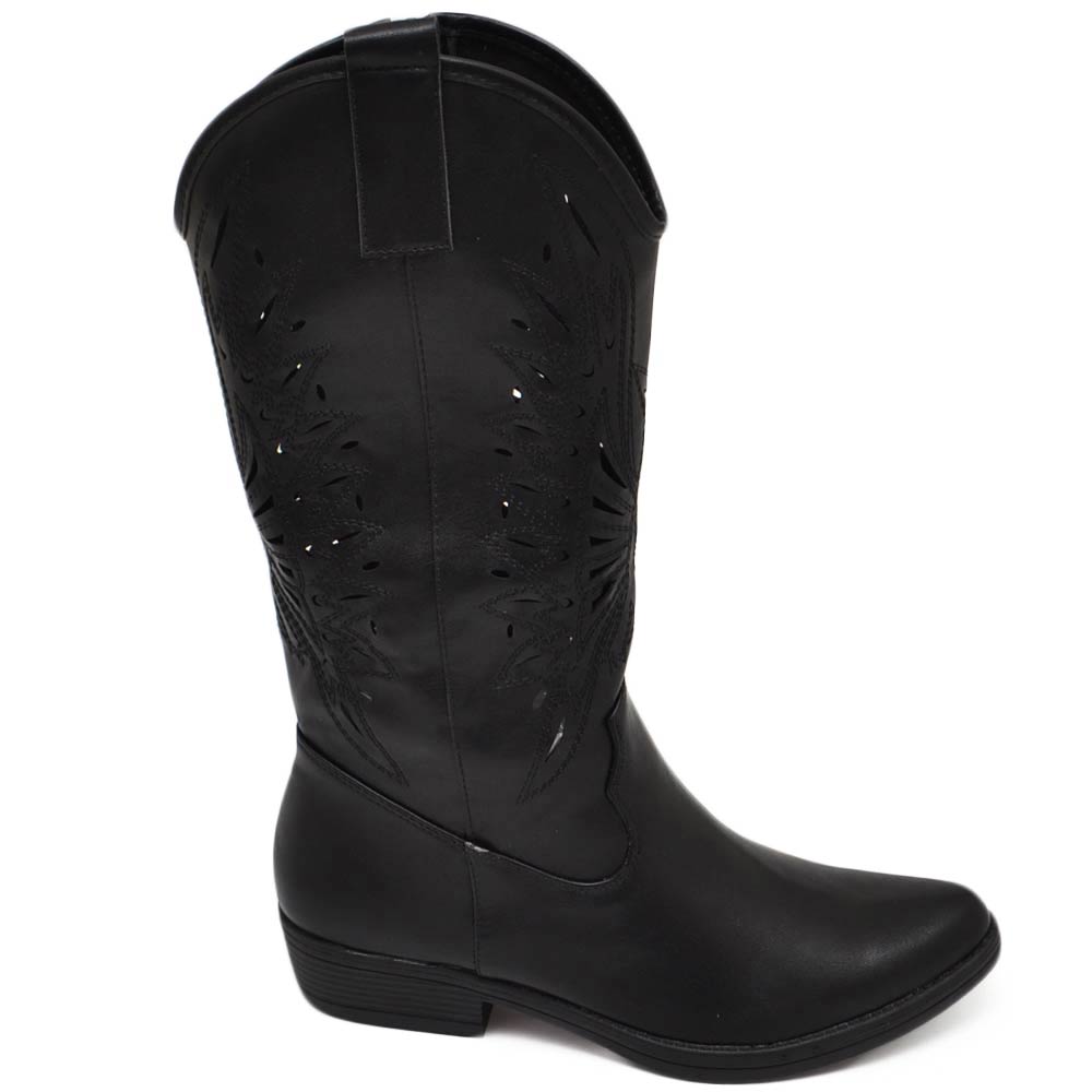 Stivali camperos donna nero tacco basso estivi traforati altezza ginocchio texani con cuciture tinta unita