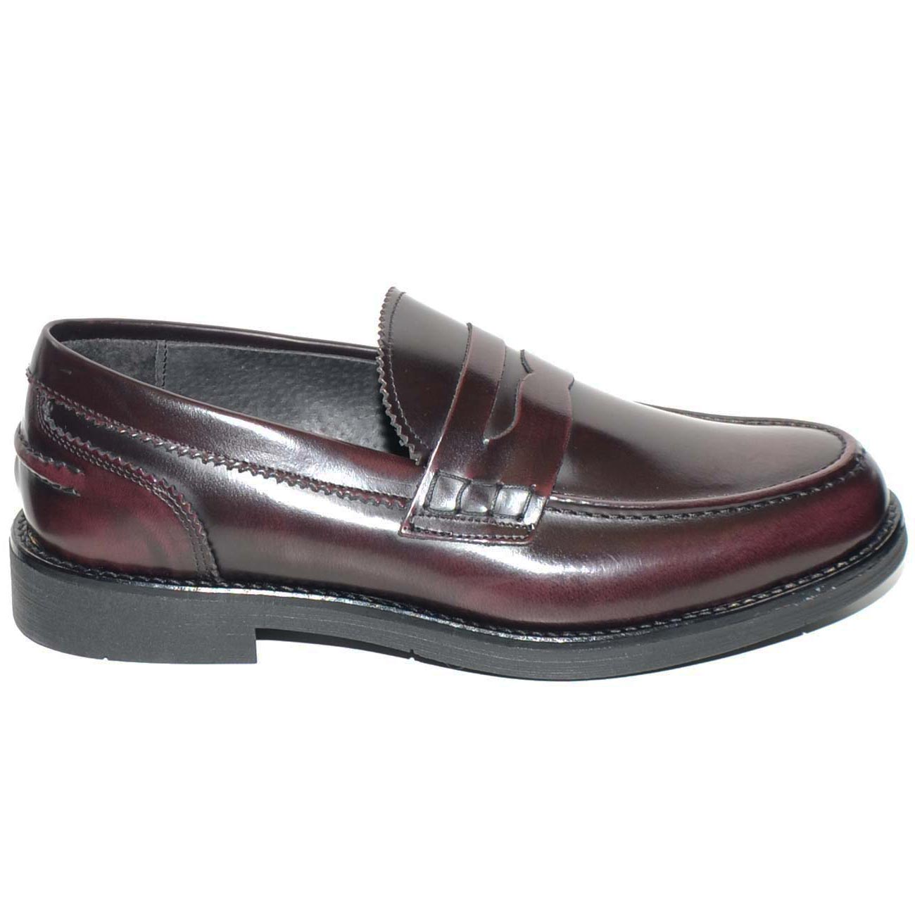 Scarpe uomo mocassini  inglese college vera pelle abrasivata bordeaux con bendina made in italy fondo gomma