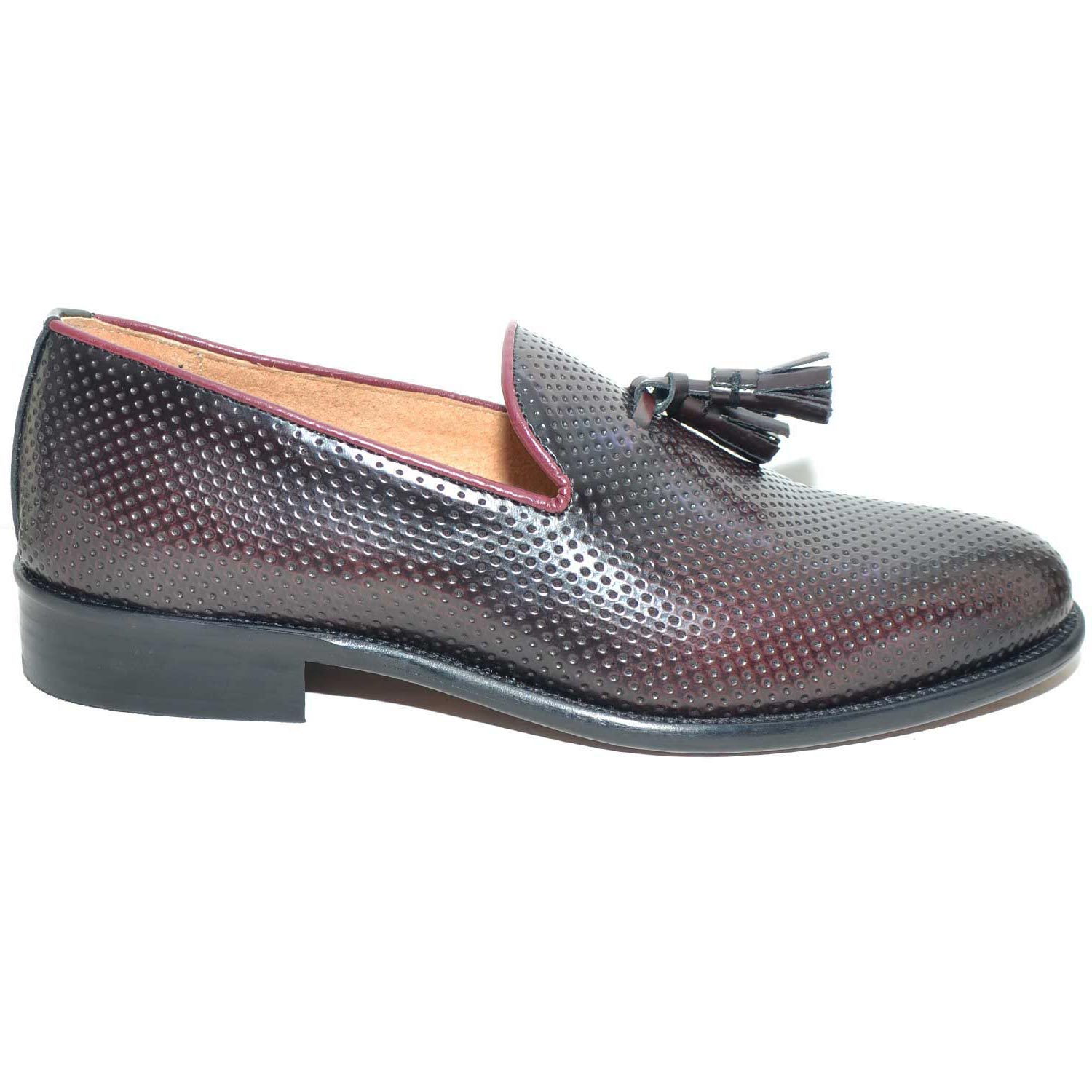 Scarpe uomo mocassino microforato in vera pelle abrasivato lucido con bon bon fondo cuoio made in italy comfort man 
