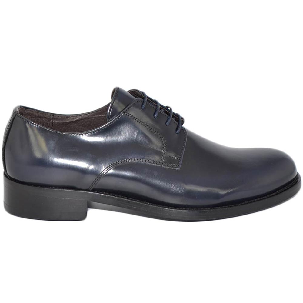 Scarpe uomo stringata classica 014 in vera pelle abrasivato blu notte made in italy fondo cuoio cucito linea business.