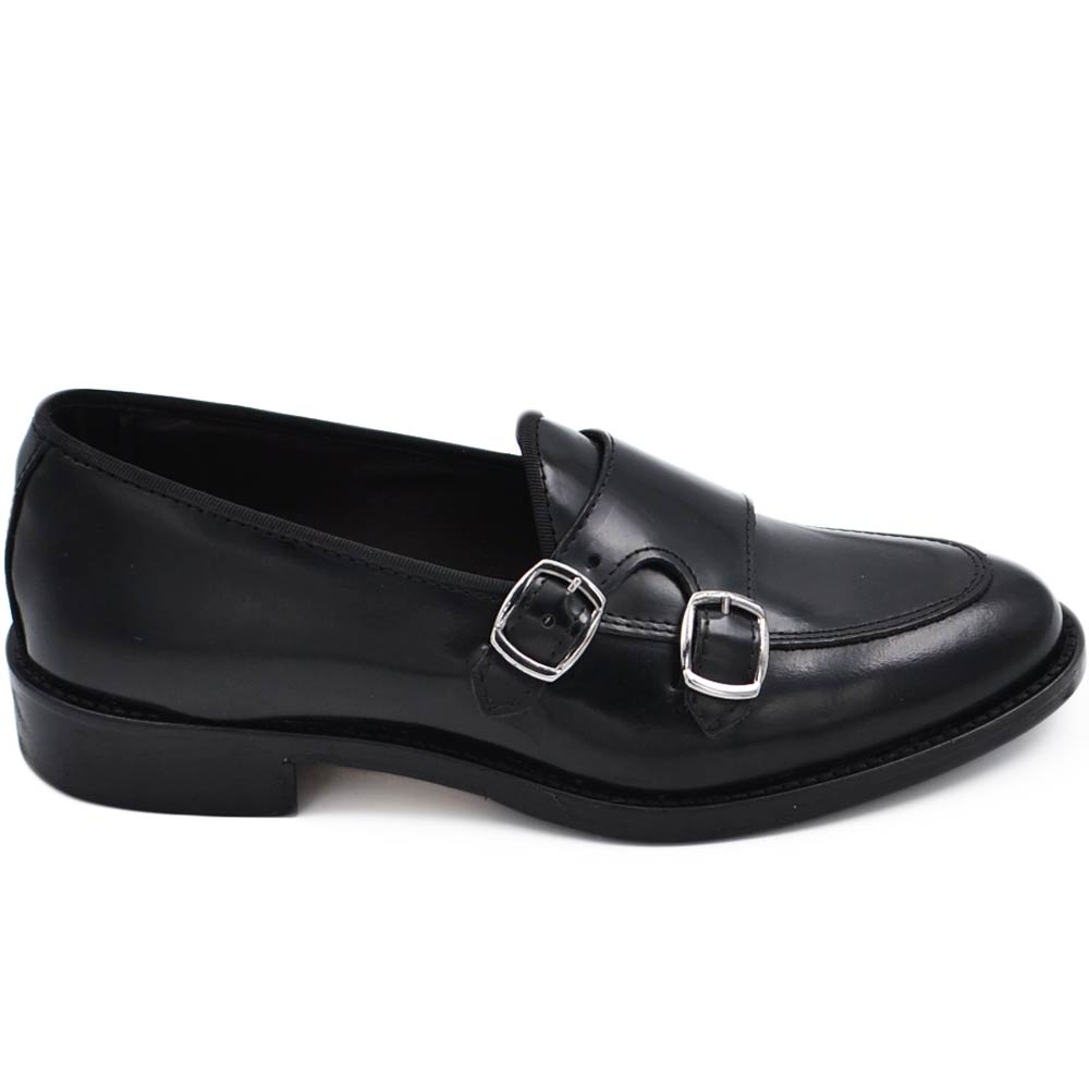 Scarpe uomo mocassino fibbia doppia sottile derby nero in vera pelle semilucida business fondo vero cuoio