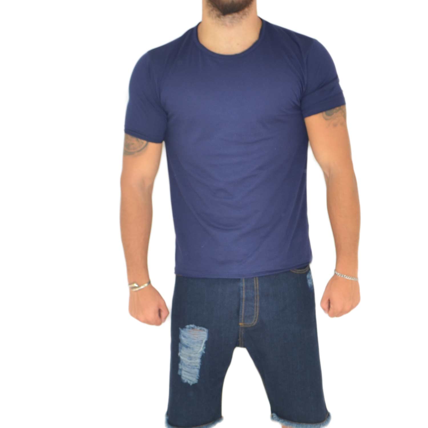 T- shirt basic uomo in cotone elastico blu avion slim fit girocollo con cucitura in tinta made in italy