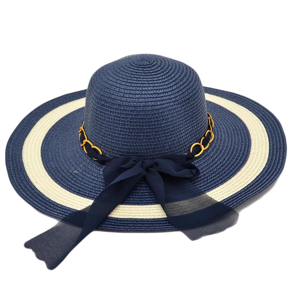 Cappello parasole di paglia blu e bianco donna elegante tesa larga con catena flessibile e pieghevole moda positano.