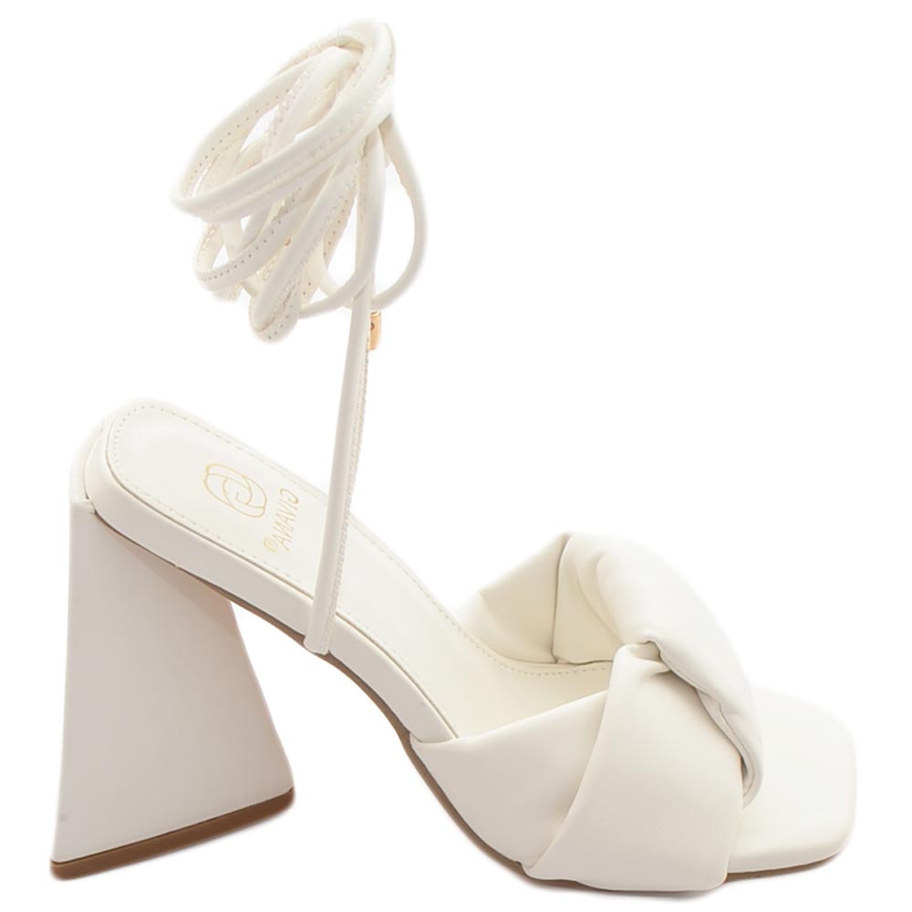 Sandali donna mules pantofoline sabot bianco ntrecciato con tacco largo asimmetrico alto 10 lacci alla caviglia moda .