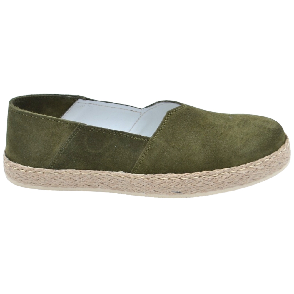  LS Espadrillas uomo scarpe da barca in vera pelle scamosciata verde lavorazione stroebel con fondo in memory.