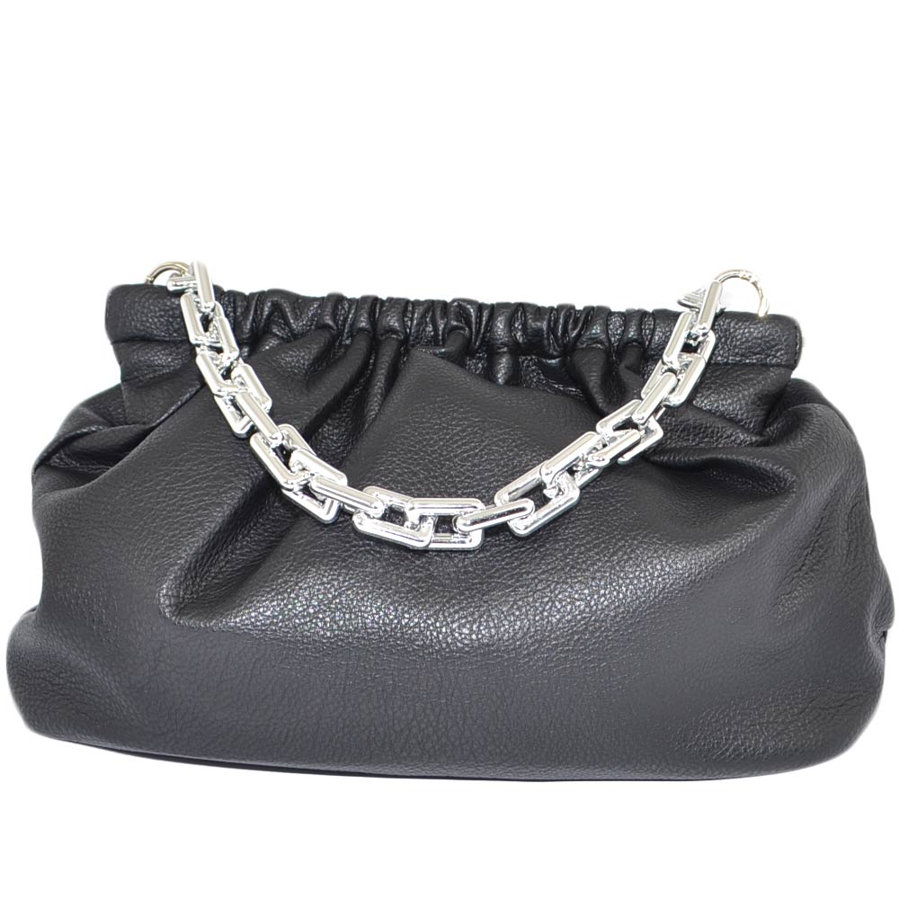 Borsa donna pochette nera catena argento  a mano linea veneta nera con catena grande argento tracolla chiusura pluc