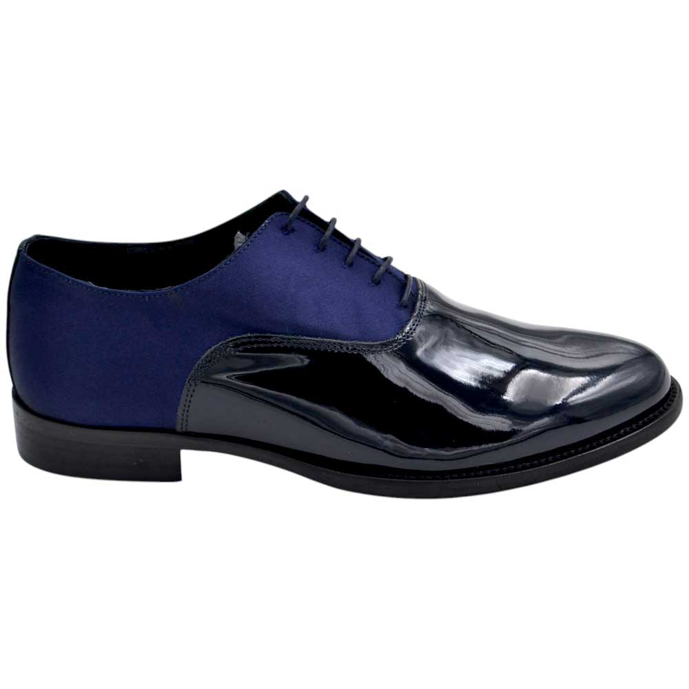 Scarpe uomo stringate derby bicolore vernice e raso blu made in italy fondo vero cuoio antiscivolo business eleganti.