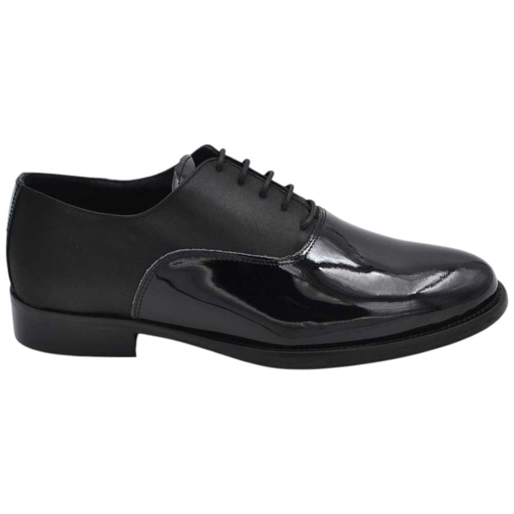 Scarpe uomo stringate bicolore vernice nero e raso  derby made in italy fondo vero cuoio antiscivolo business eleganti.