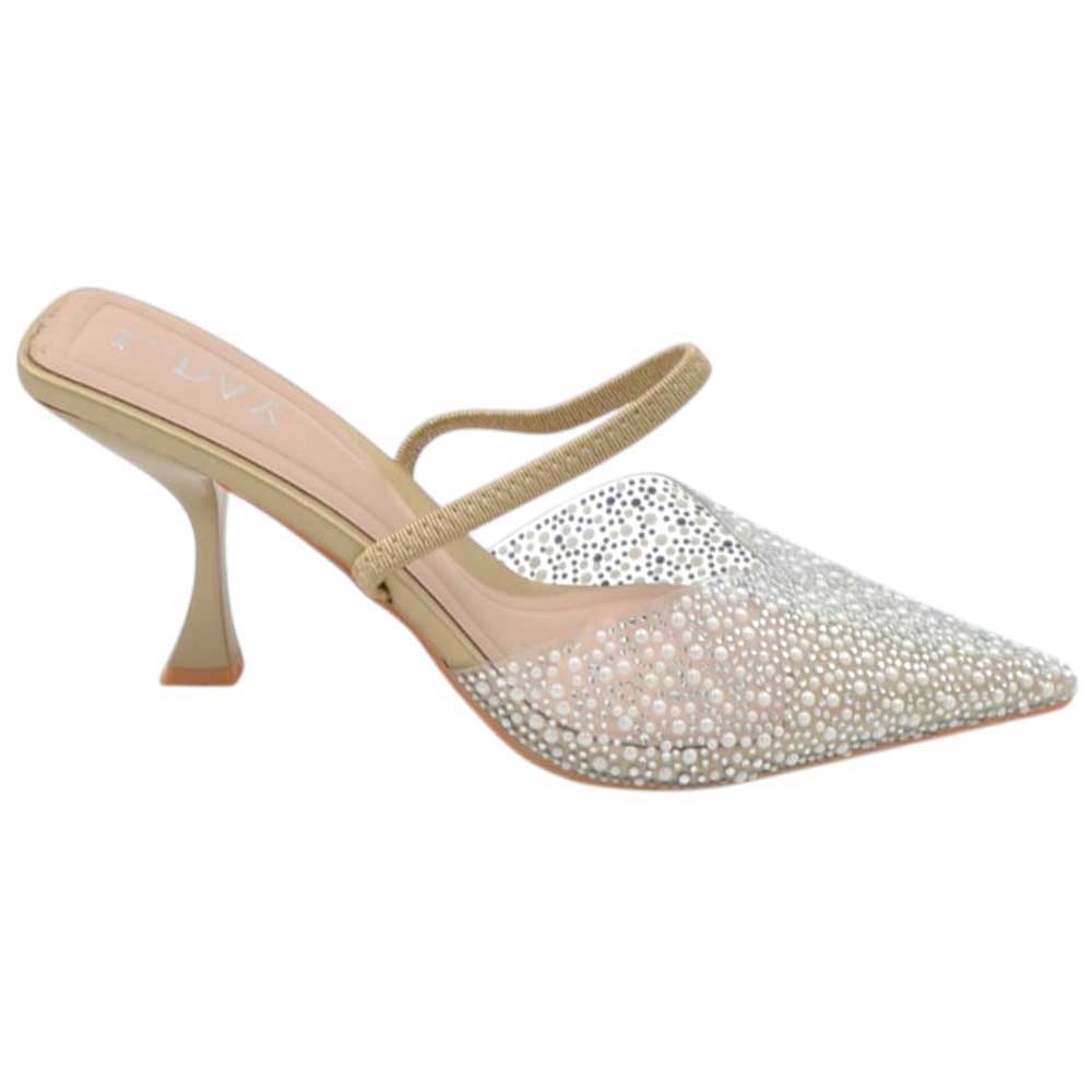 Scarpe decollete slingback oro donna elegante punta trasparente con microperle tacco 10 cm cinturino retro tallone