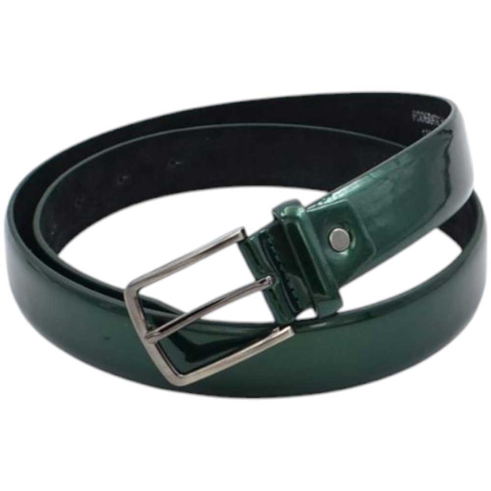 Cintura uomo vera pelle verde lucido con doppia cucitura fibbia in metallo cintura regolabile linea cerimonia.