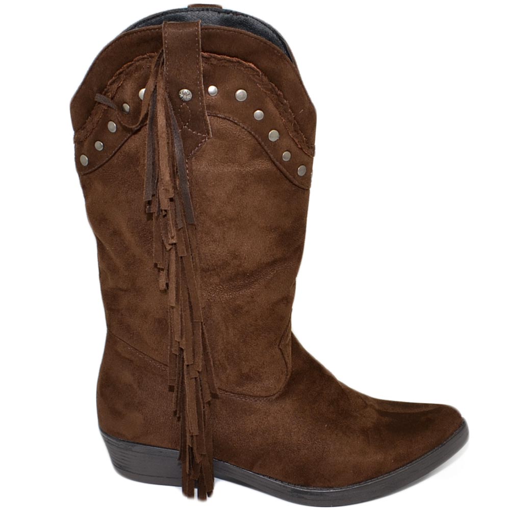Stivali donna camperos texani marrone scamosciati con frange borchie dorate  a punta altezza polpaccio con zip