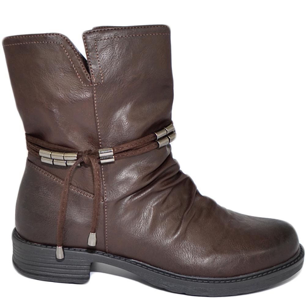 Stivaletto biker donna linea basic marrone arricciato con zip e coulisse laccio fondo gomma comfort moda casual.