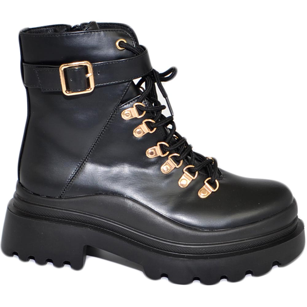 Stivaletto anfibio scarpa donna nero ganci oro lacci fondo carrarmato alto gomma con zip moda linea glamour