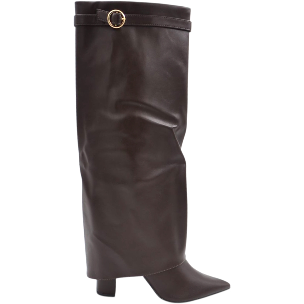 Stivali donna al ginocchio shark a punta in pelle marrone risvolto cerchio oro tacco largo 10 zip interna nascosta.